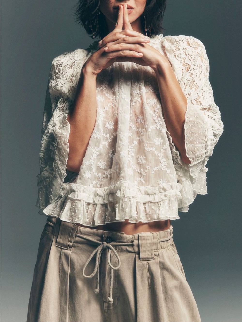 Free People Ivory Sheer Lace Ruffle Peasant Poncho - Picture 3 of 4